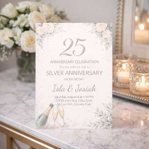 Invitation pour les 25 ans avec motif floral argen