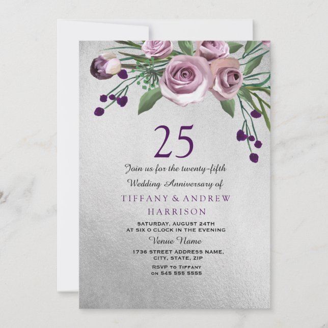 Invitation pour les 25 ans de mariage Rose Violett (Devant)