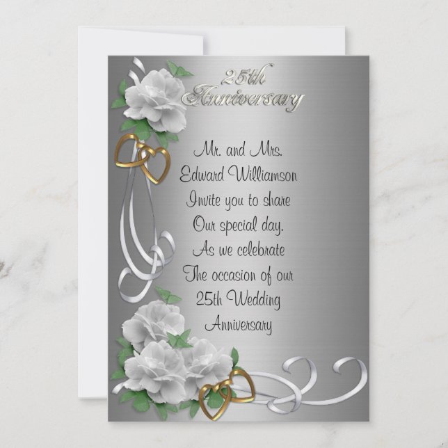 Invitation pour les 25 ans de mariage roses blanch (Devant)
