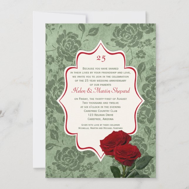 Invitation pour les 25 ans de mariage Roses Rouges (Devant)