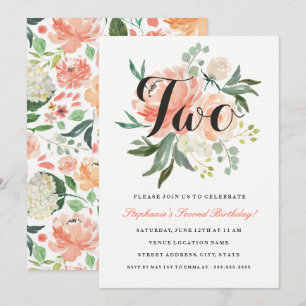 Invitation pour les 2 ans avec fleurs rose pêche