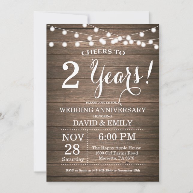 Invitation pour les 2 ans de mariage en bois rusti (Devant)