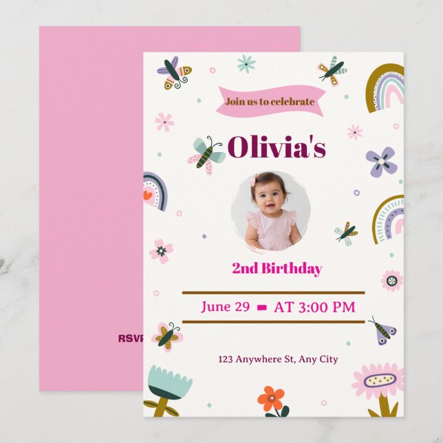 Invitation pour les 2 ans de Papillon Arc-en-ciel (Devant / Derrière)