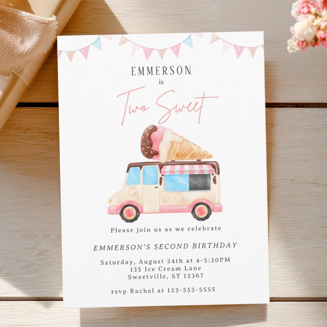 Invitation pour les 2 ans de Two Sweet Camion de g (Two Sweet Cute Ice Cream Truck 2nd Birthday Invite
)