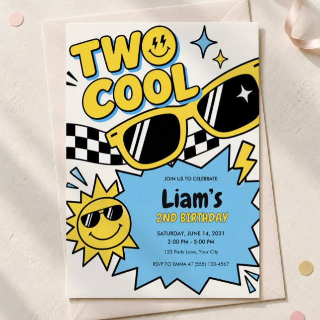 Invitation pour les 2 ans Two Cool (Two Cool sunglasses second birthday invitation with an envelope.)