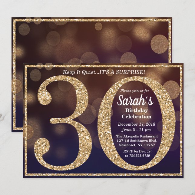 Invitation pour les 30 ans avec paillettes pour un (Devant / Derrière)