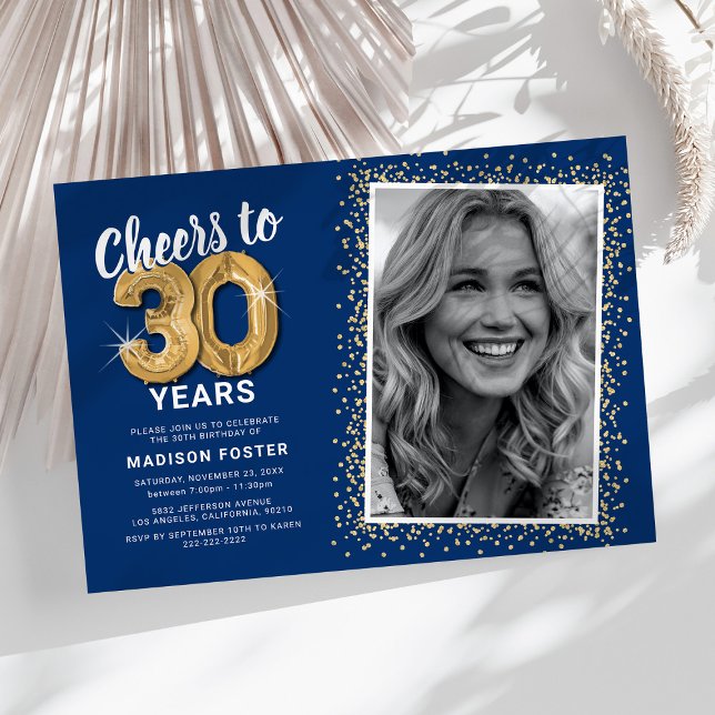 Invitation pour les 30 ans Blue Gold Photo (Créateur téléchargé)