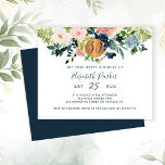 Invitation pour les 30 ans, fête florale budgétair<br><div class="desc">Crème de pêche, rose poudré, ivoire et bleu marine, bouquets de fleurs pastel bohèmes avec feuillage de verdure de sauge et un cercle rond en faux métal doré cuivré brillant faisant une invitation de fête d'anniversaire féminine moderne glamour horizontale pour un jalon trentième anniversaire heureux trente et fabuleux / tout...</div>