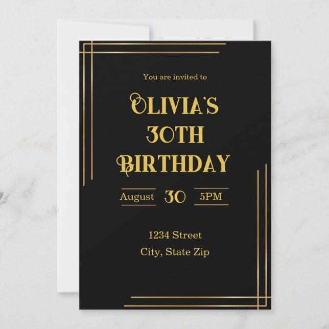 Invitation pour les 30 ans – Noir & Or | Élégant (Devant)