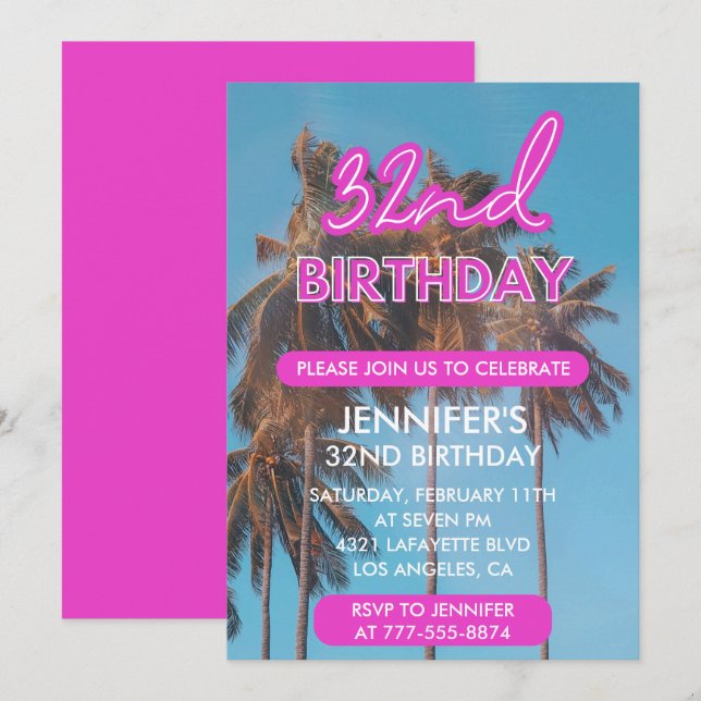 Invitation pour les 32 ans Été Palmier rose (Devant / Derrière)