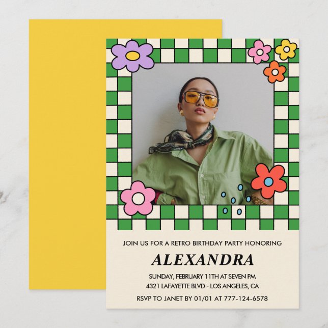 Invitation pour les 33 ans Fleurs Rétro Groovy (Devant / Derrière)