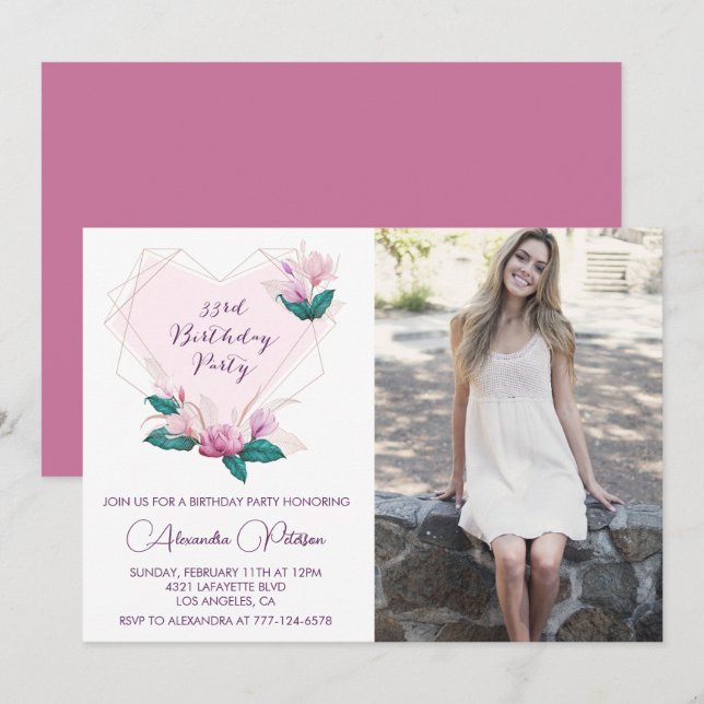 Invitation pour les 33 ans Photo Fleur Élégante (Devant / Derrière)