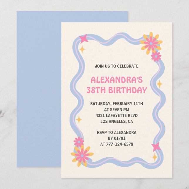 Invitation pour les 38 ans Fleurs bleues rétro gro (Devant / Derrière)