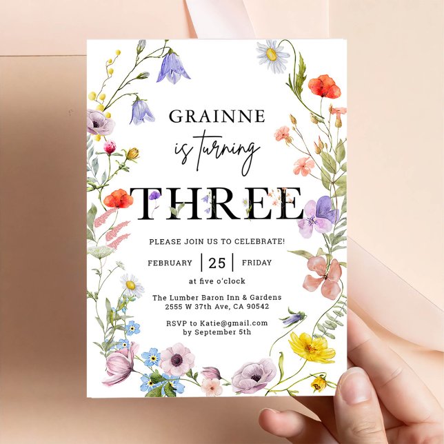 Invitation pour les 3 ans d'une fille thème Wildfl (Créateur téléchargé)