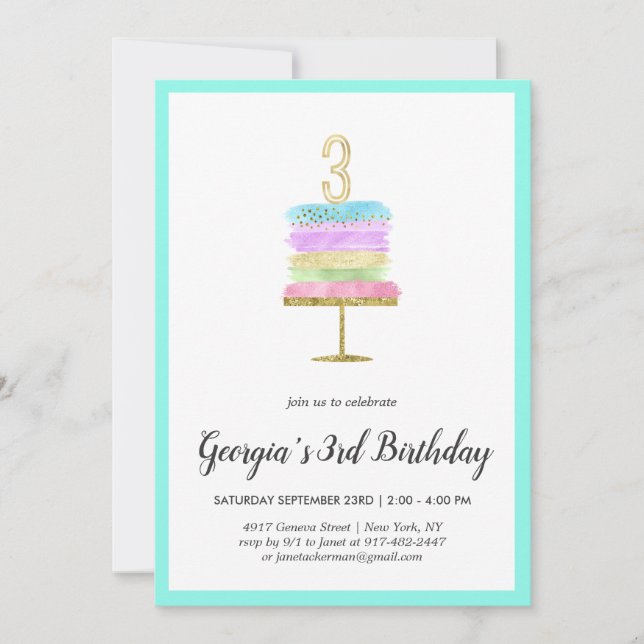 Invitation pour les 3 ans | Gâteau arc-en-ciel (Devant)