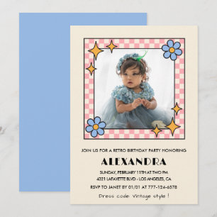 Invitation pour les 3 ans Retro Groovy Fleurs Bleu