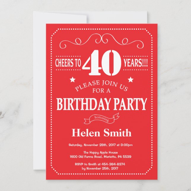 Invitation pour les 40 ans Anniversaire Rouge et B (Devant)