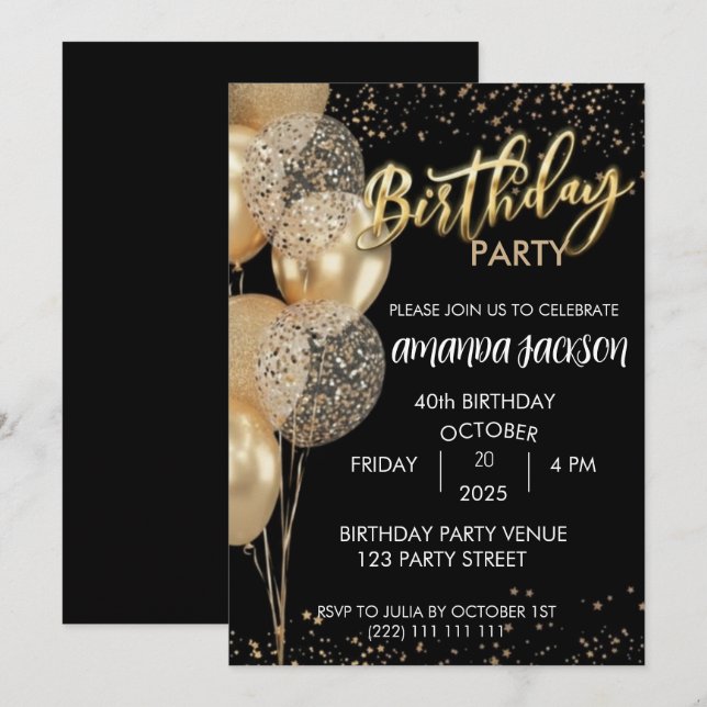 Invitation pour les 40 ans avec ballons noirs et o (Devant / Derrière)