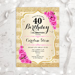 Invitation pour les 40 ans - Bandes dorées Roses r<br><div class="desc">Invitation pour les 40 ans. Design élégant en or et rose. Comprend des bandes dorées à effet pailleté,  des roses roses,  une police script stylée et des confettis. Parfait pour une fête d'anniversaire glamour.</div>