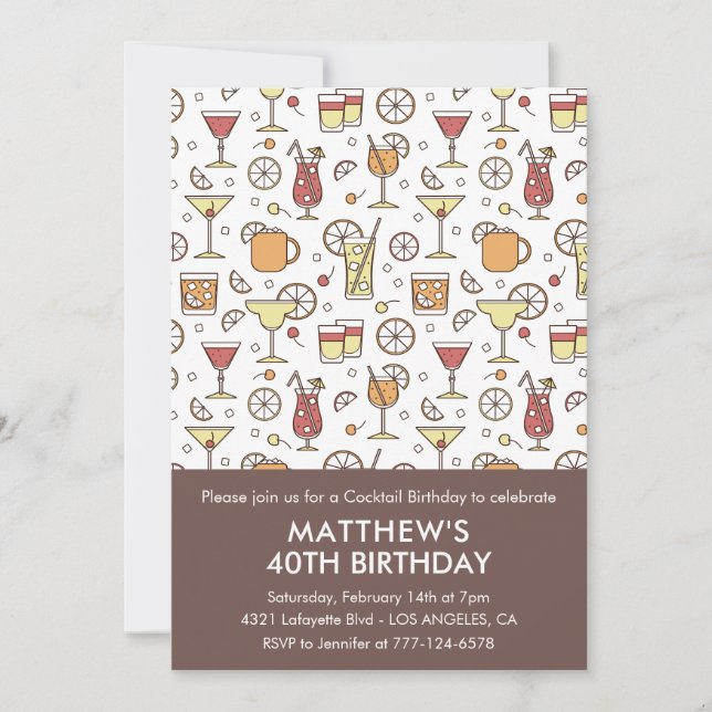 Invitation pour les 40 ans Cocktail motif élégant  (Devant)