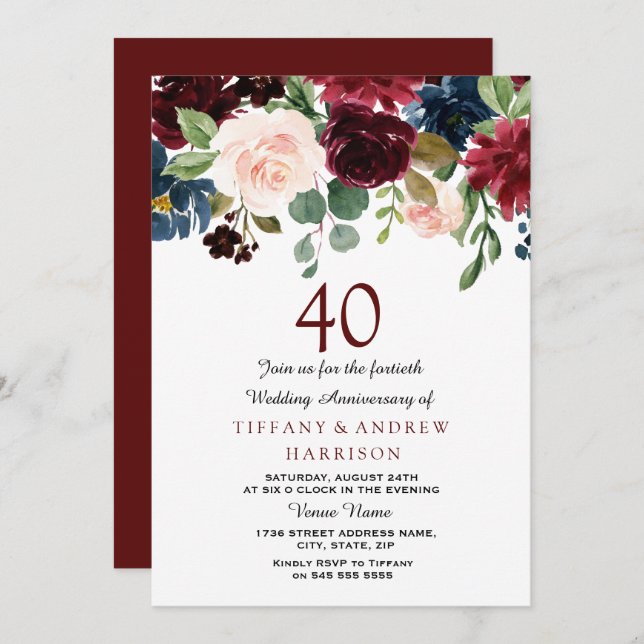 Invitation pour les 40 ans de mariage au vin rouge (Devant / Derrière)