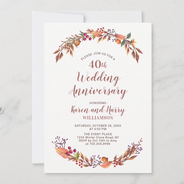 Invitation pour les 40 ans de mariage floral autom (Devant)