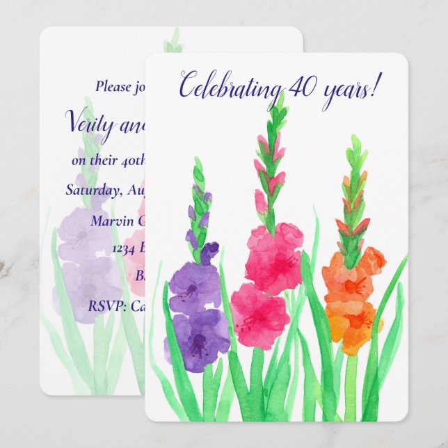 Invitation pour les 40 ans de mariage Gladiolus (Devant / Derrière)