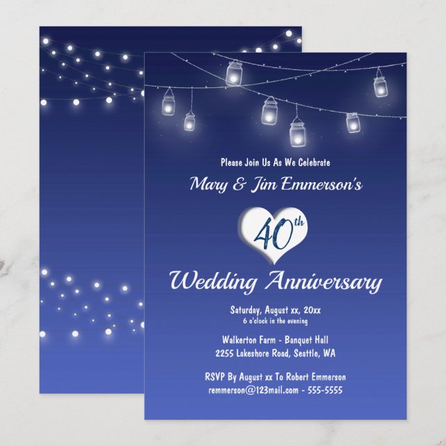 Invitation pour les 40 ans de mariage - Guirlandes (Devant / Derrière)