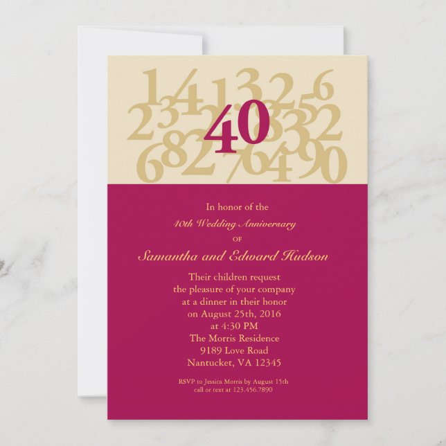 Invitation pour les 40 ans de mariage - Noces de r (Devant)