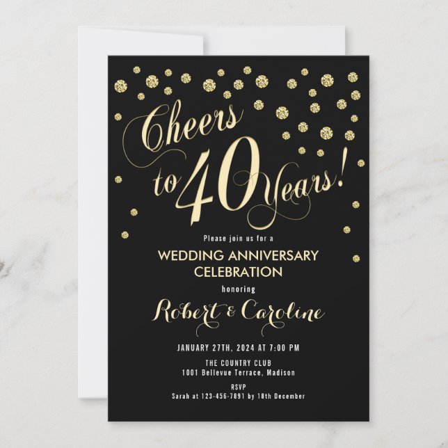 Invitation pour les 40 ans de mariage - Noir et Or (Devant)