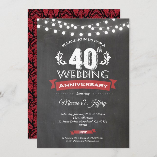 Invitation pour les 40 ans de mariage. Rouge rubis (Devant / Derrière)