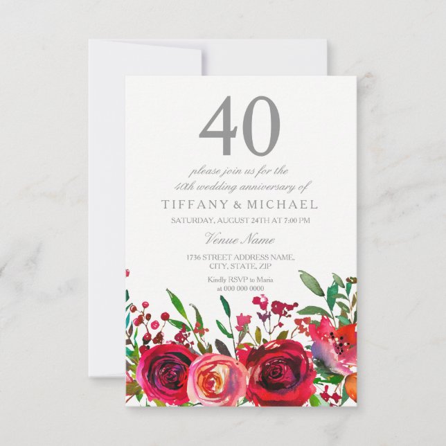 Invitation pour les 40 ans de mariage Ruby Red Ros (Devant)