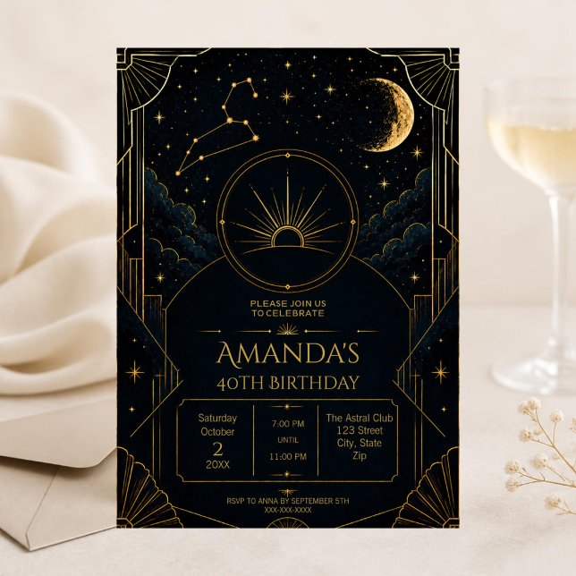 Invitation pour les 40 ans du Lion | Zodiaque Art  (Dark Art Deco Leo zodiac 40th birthday invitation with celestial details and elegant moody styling)