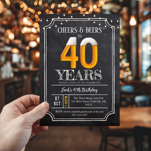 Invitation pour les 40 ans d'un homme : Cheers & B (Raise a glass to 40 years of good times with this Cheers & Beers 40th Birthday Invitation!)