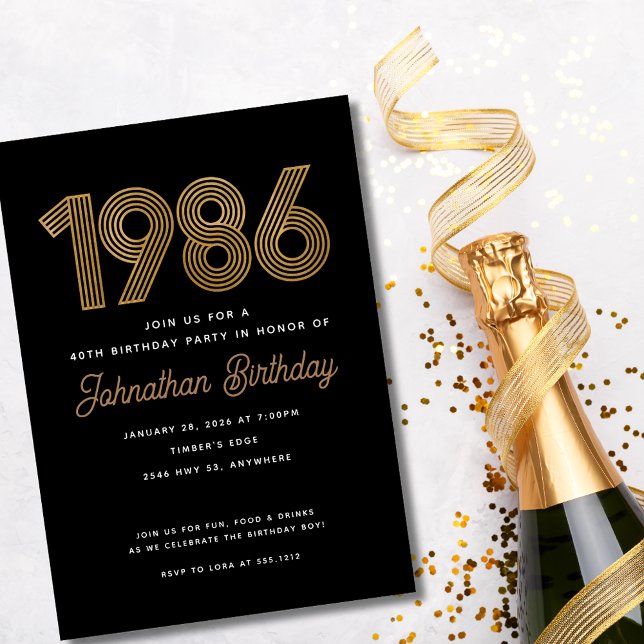 Invitation pour les 40 ans noir et or faux 1986  (1986 Black and Gold 40th Birthday Invitation)