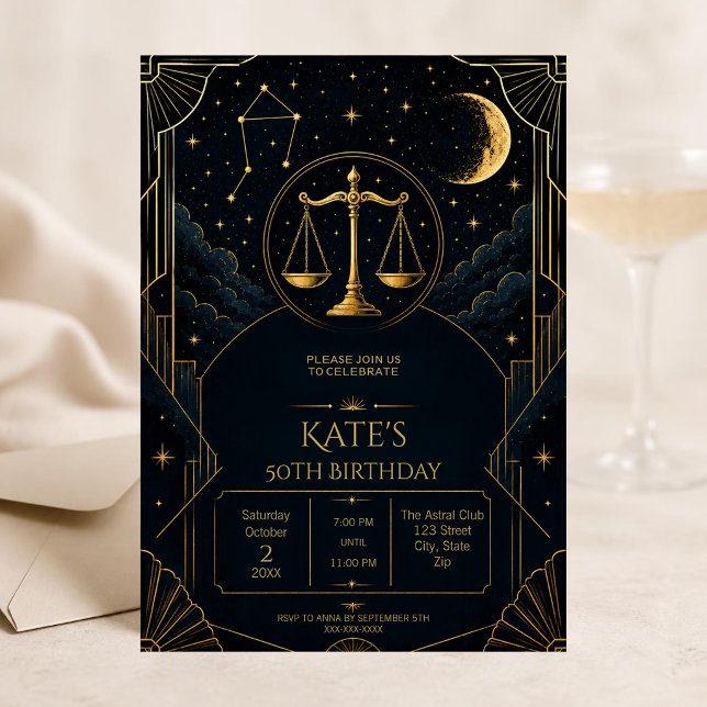 Invitation pour les 50 ans de la Balance | Or Céle (Elegant Libra 50th birthday invitation with gold zodiac scales and celestial midnight details.)