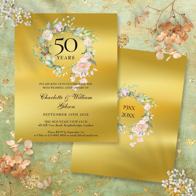 Invitation pour les 50 ans de mariage Budget Flora (Budget Floral Gold 50th Anniversary Invitation)