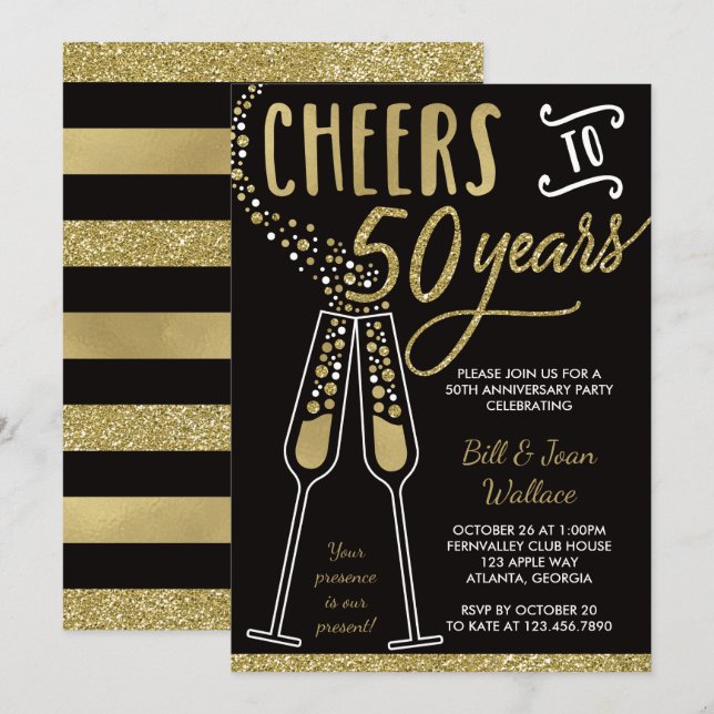 Invitation pour les 50 ans de mariage, Faux Glitte (Devant / Derrière)