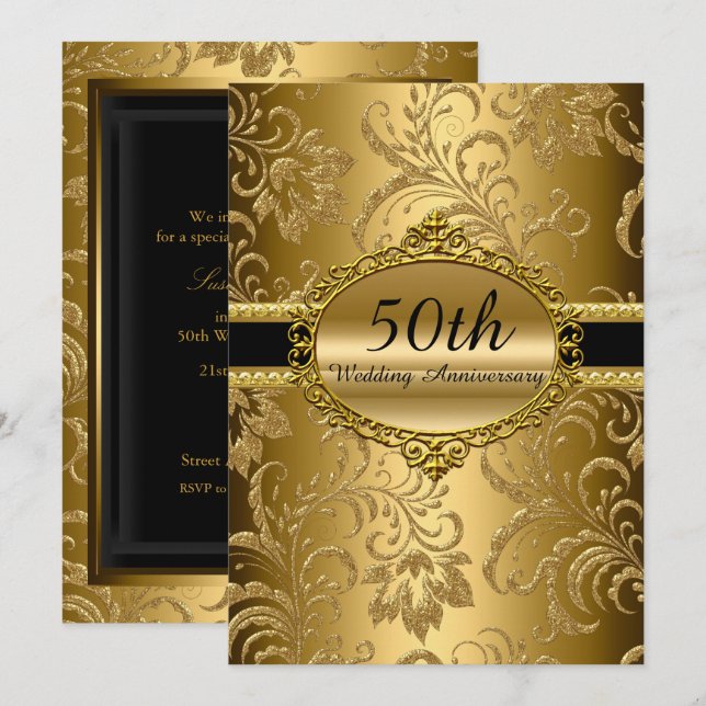 Invitation pour les 50 ans de mariage Fleurs en Or (Devant / Derrière)