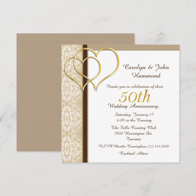 Invitation pour les 50 ans de mariage Gold Hearts (Devant / Derrière)