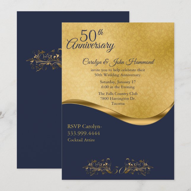 Invitation pour les 50 ans de mariage Navy & Or (Devant / Derrière)
