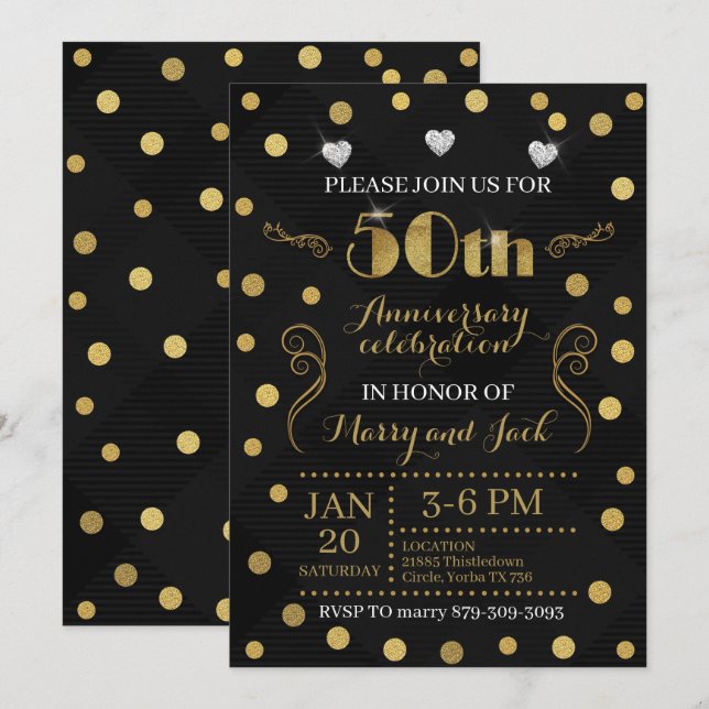 Invitation pour les 50 ans de mariage - Noir et Or (Devant / Derrière)