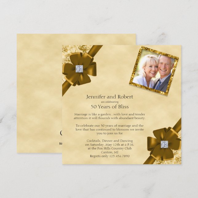 Invitation pour les 50 ans de mariage pailleté or (Devant / Derrière)