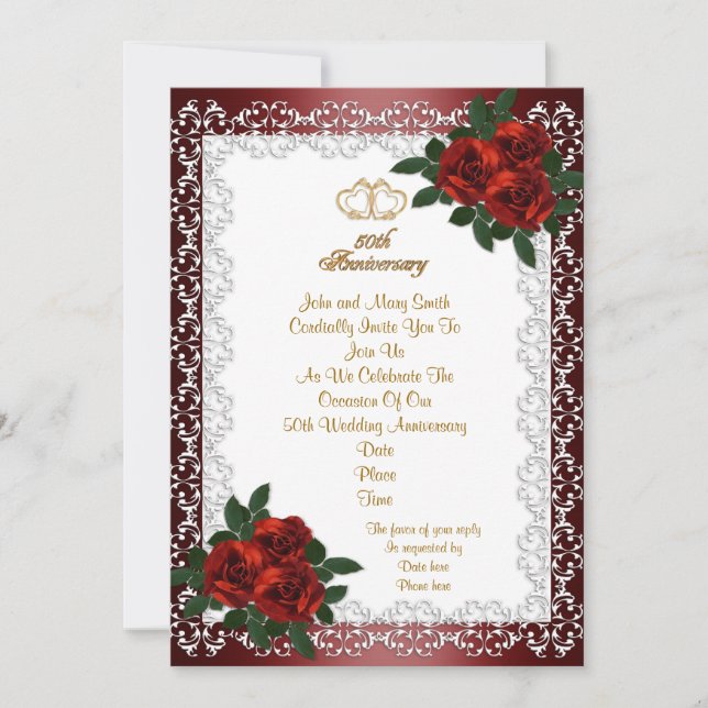 Invitation pour les 50 ans de mariage roses rouges (Devant)