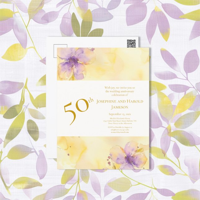 Invitation pour les 50 ans de mariage Violettes Or (Violets Gold 50th Wedding Anniversary Invitation Postcard)
