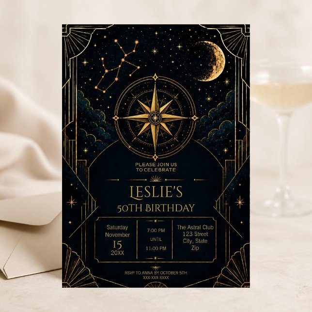 Invitation pour les 50 ans du Sagittaire | Céleste (Celestial Sagittarius 50th birthday invitation with gold zodiac details and midnight stars.)