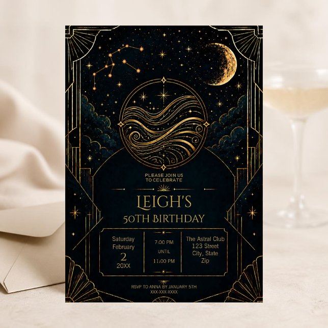 Invitation pour les 50 ans du Verseau | Art Déco S (Elegant Aquarius 50th birthday invitation with luxurious dark Art Deco celestial zodiac design.)