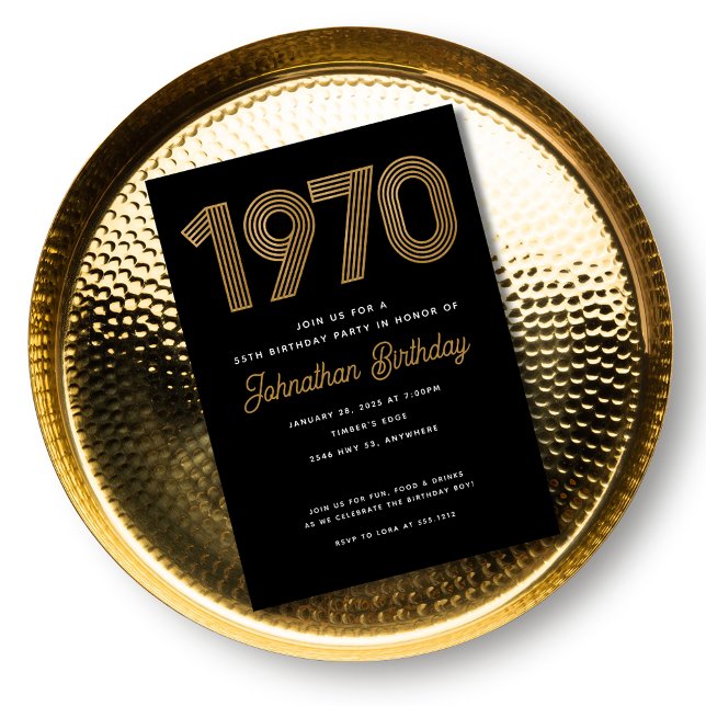 Invitation pour les 50 ans en faux or noir 1970 (1970 Black Faux Gold 50th Birthday Invitation)