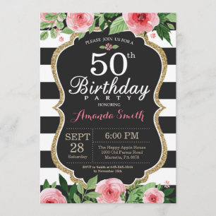 Invitation pour les 50 ans. Floral Or Noir