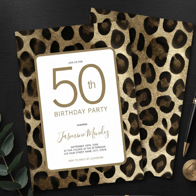Invitation pour les 50 ans - Impression léopard or (Créateur téléchargé)
